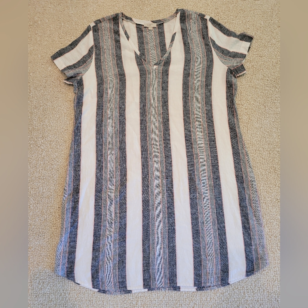 Loft Womens Linen Blend Mini Shift Dress Striped Size L Short Sleeve V Neck.